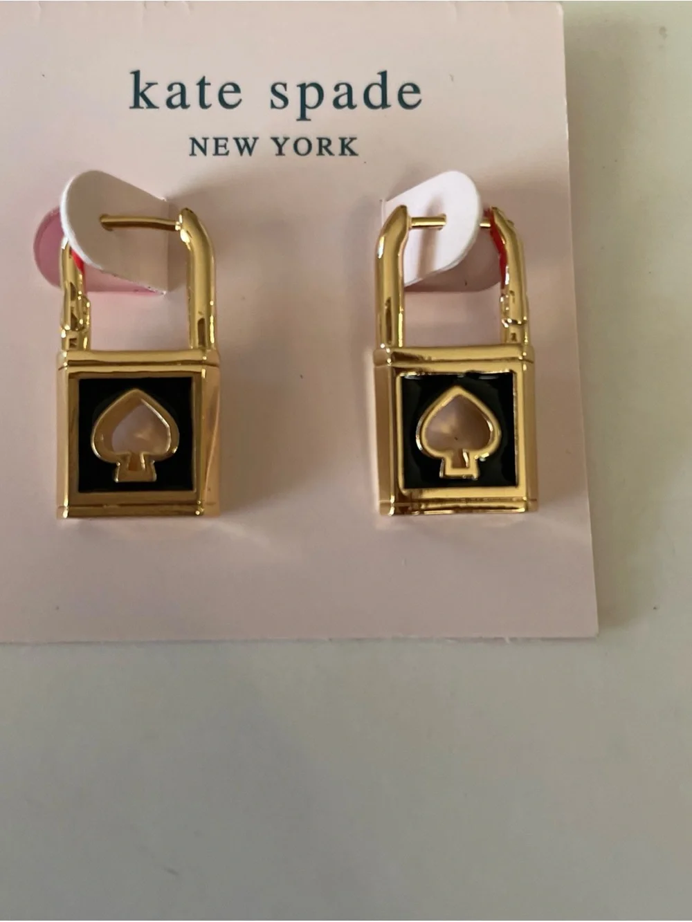 kate spade Gold Hoop Earrings with Black Enamel Spade Charm and Pink Accent